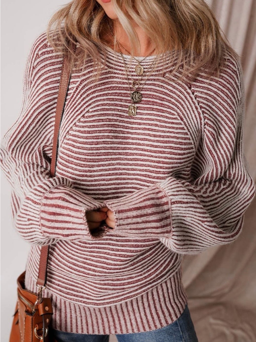 Striped Knit Sweater in Dusty Rose and Cream